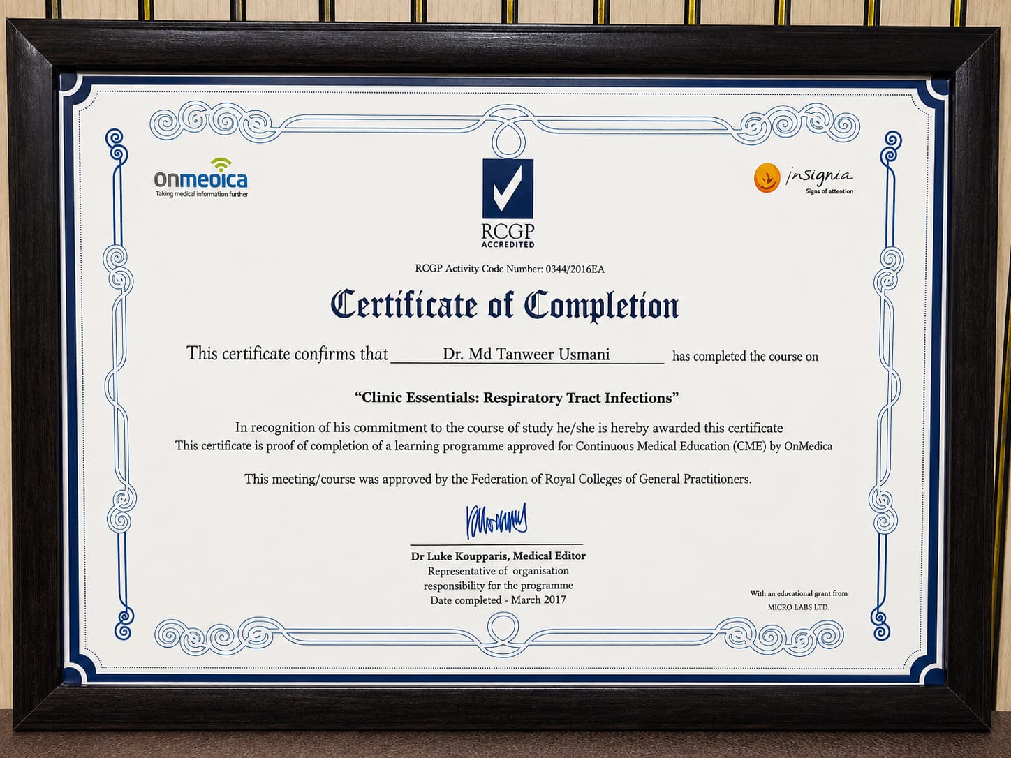 RCGP accredited Clinic Essentials: Respiratory Tract Infections certificate of completion for Dr. Md. Tanweer Usmani
