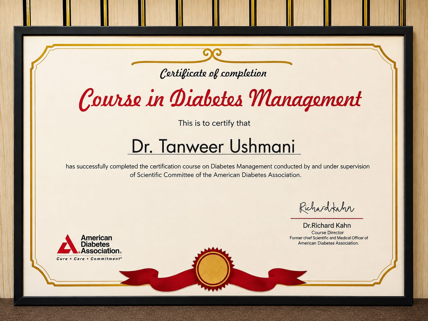 American Diabetes Association Course in Diabetes Management completion certificate for Dr. Md. Tanweer Usmani