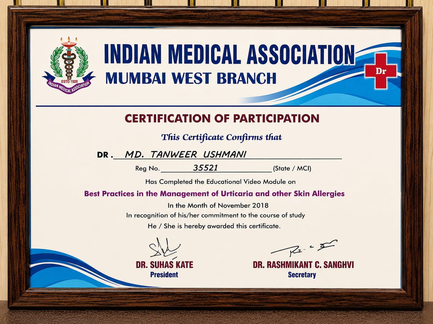 Indian Medical Association Mumbai West Branch certification of participation for Dr. Md. Tanweer Usmani